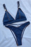 The cowboy blue Sexy Solid Patchwork Backless Swimwears (With Paddings)