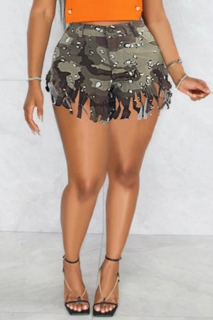Army Green Casual Camouflage Print Tassel Patchwork Mid Waist Regular Denim Shorts