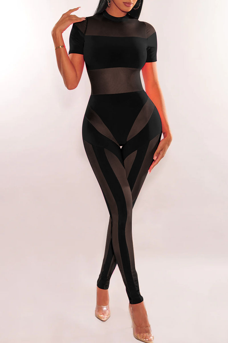 

Black Sexy Solid Patchwork See-through O Neck Skinny Jumpsuits