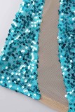 Blå sexiga patchwork paljetter Genomskinliga O-hals långärmade klänningar