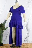 Синее повседневное сплошное платье с круглым вырезом и коротким рукавом с разрезом Платья больших размеров