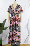rosa vintage elegante estampado vendaje patchwork hendidura v cuello una línea vestidos
