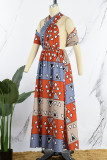 Baksteenrode vintage elegante print bandage patchwork asymmetrische kraag A-lijn jurken