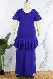Vestido azul casual liso com decote em O e manga curta vestidos tamanho grande