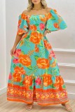 Оранжевый Повседневный принт Бандажное платье с открытой спиной и квадратным воротником Длинное платье Платья