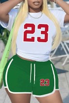 Зеленый Повседневная спортивная одежда Пэчворк С принтом О-образный вырез С короткими рукавами Из двух частей