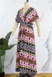 Bandagem com estampa elegante vintage rosa patchwork fenda decote em V vestidos evasê