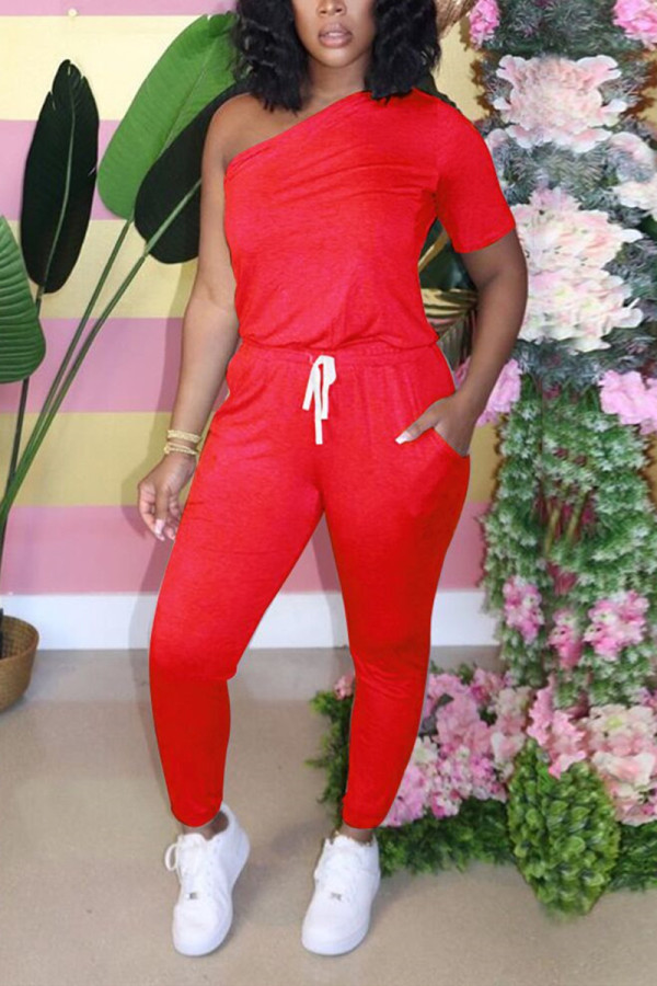 Röd mode sexig passform en axel kortärmad jumpsuit