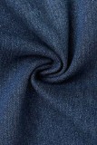 Diepblauwe casual effen patchwork normale spijkerbroek met halfhoge taille