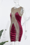 Burgundy Sexy Patchwork Hot Drilling See-through O Neck Sleeveless Dress Dresses