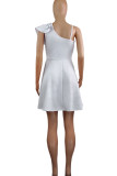 White Sexy Solid Patchwork Flounce Spaghetti Strap A Line Dresses(Without Belt)
