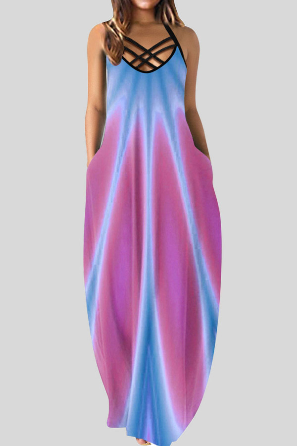 Donkerblauw roze sexy print patchwork jurk met spaghettibandjes en print
