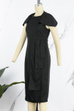 Black Elegant Solid Patchwork O Neck Pencil Skirt Dresses