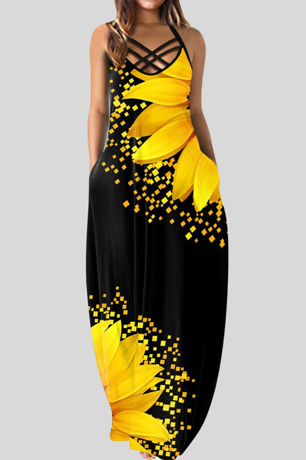 Черное желтое сексуальное платье с принтом в стиле пэчворк и бретельками с принтом Платья