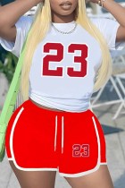 Красный Повседневная спортивная одежда Пэчворк С принтом О-образный вырез С короткими рукавами Из двух частей