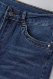 Jeans in denim regolari a vita media con patchwork tinta unita casual blu intenso