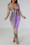 Vestidos de falda de tubo halter sin espalda de patchwork de vendaje de estampado sexy púrpura