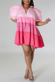 Roze casual effen patchwork gevouwen kraag A-lijn jurken