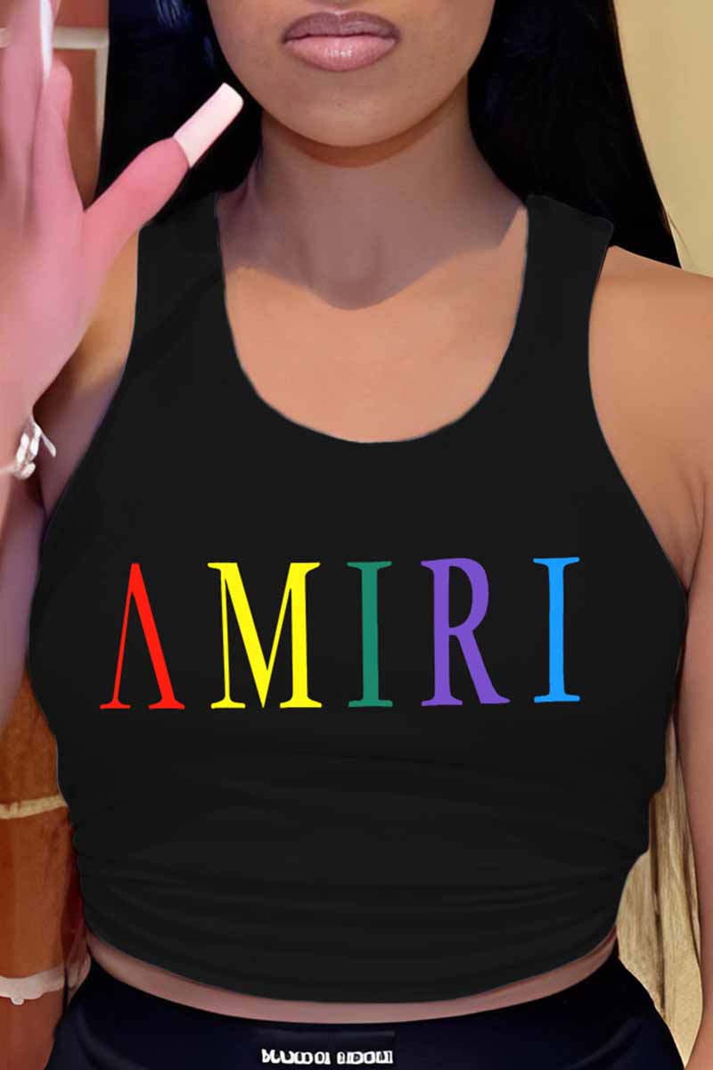 

Black Casual Print Letter U Neck Tops