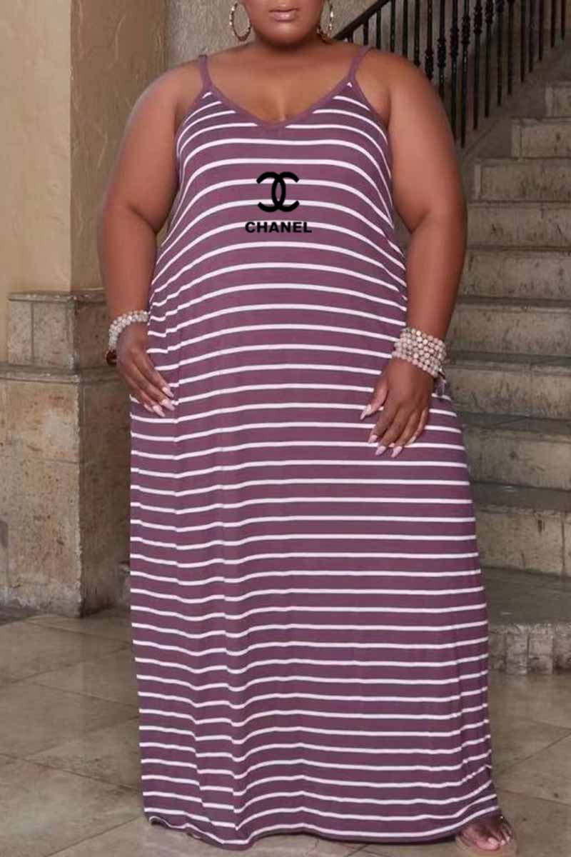 

Purple Casual Striped Print Letter V Neck Straight Plus Size Dresses