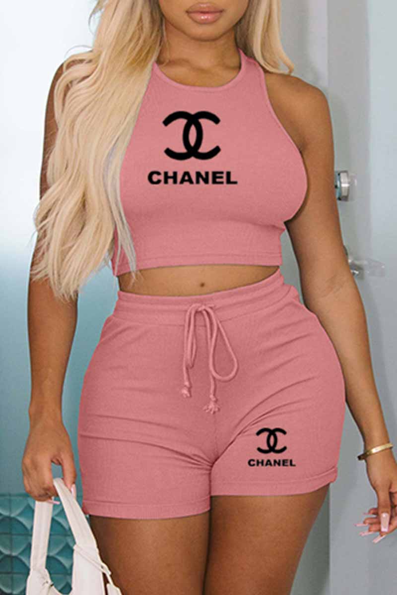 

Pink Casual Print Letter O Neck Sleeveless Two Pieces