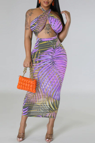 Purple Sexy Print Bandage Patchwork Backless Halter Pencil Skirt Dresses
