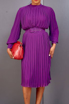 Pliegue de patchwork sólido casual púrpura con cinturón O cuello vestidos rectos