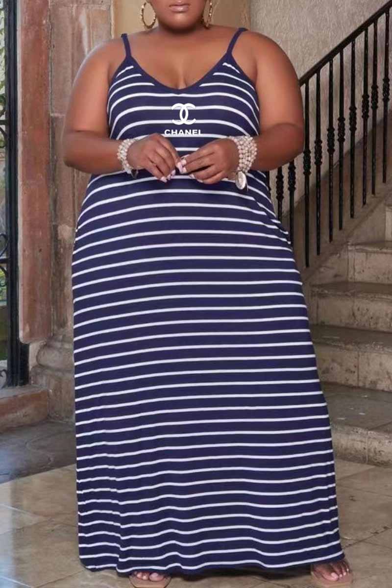 

Deep Blue Casual Striped Print Letter V Neck Straight Plus Size Dresses