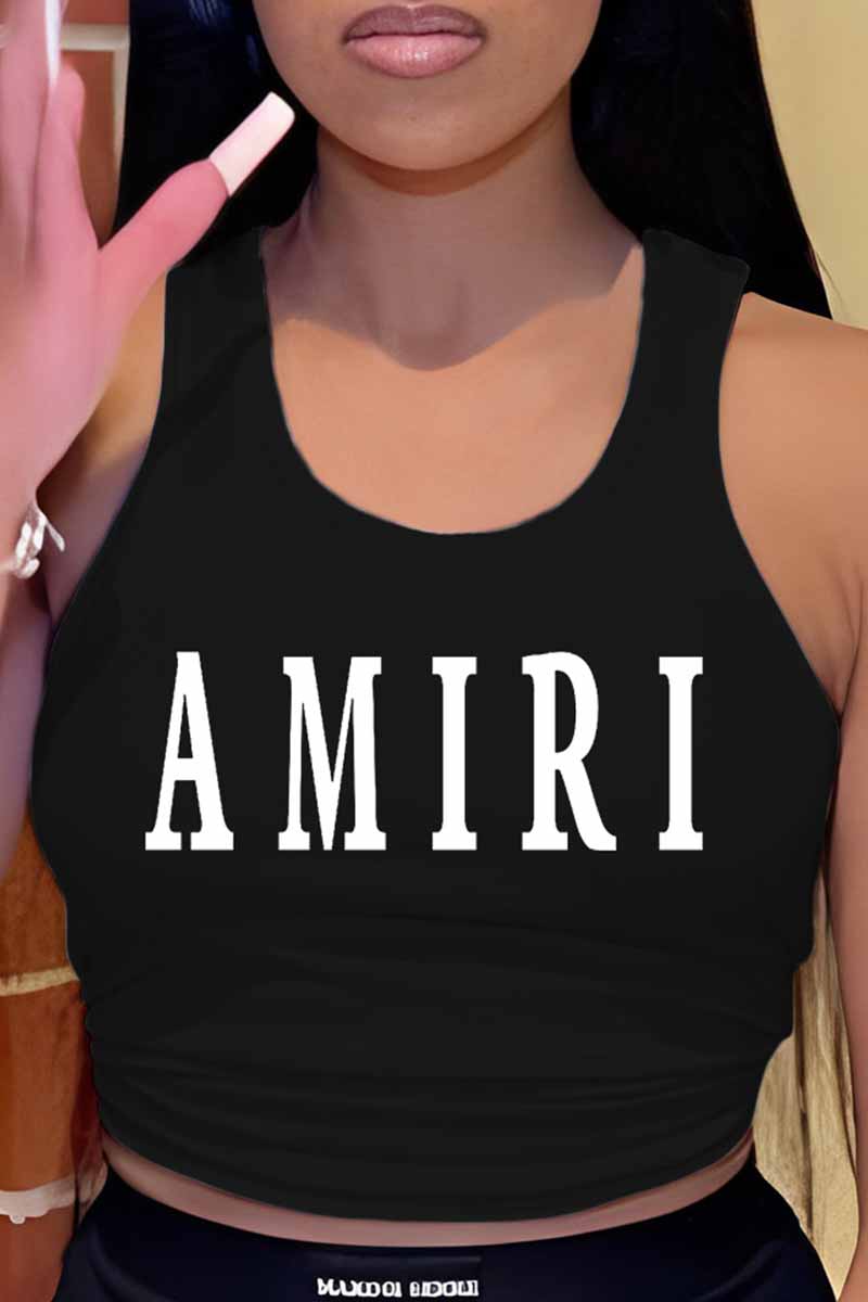 

Black Casual Print Letter U Neck Tops