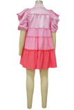 Roze casual effen patchwork gevouwen kraag A-lijn jurken