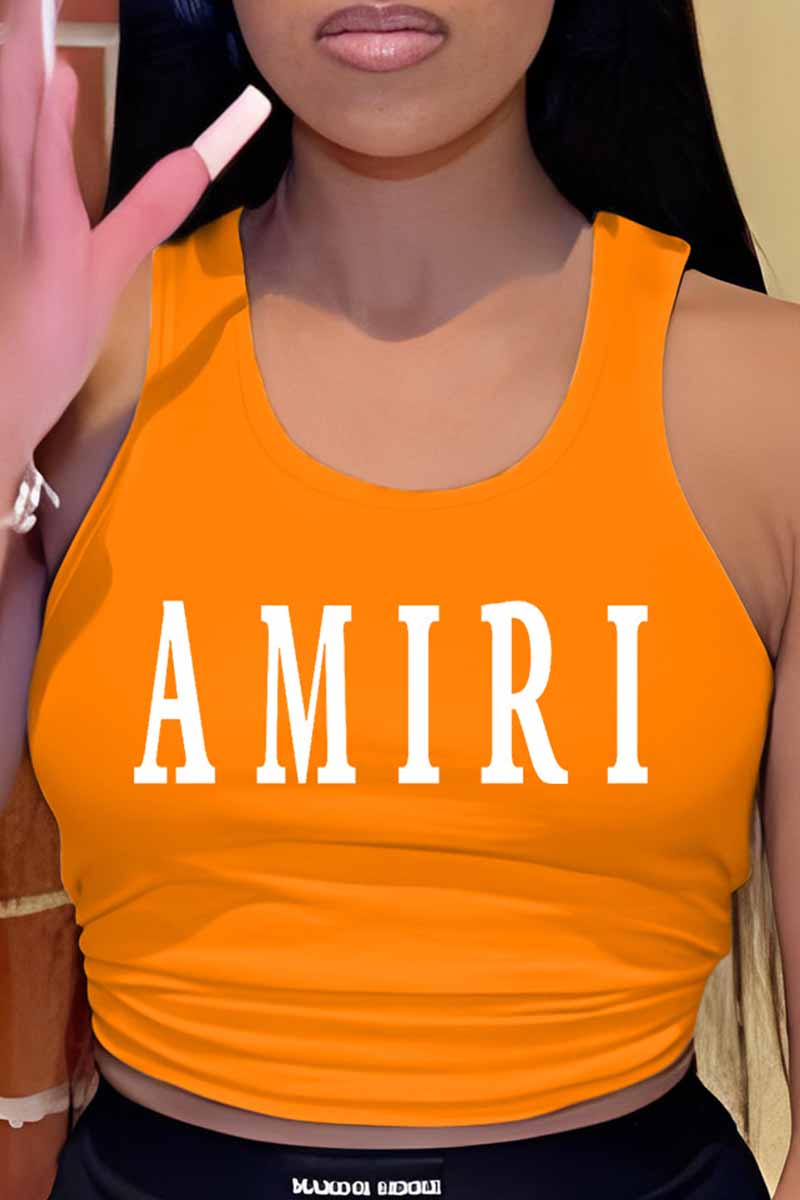 

Orange Casual Print Letter U Neck Tops