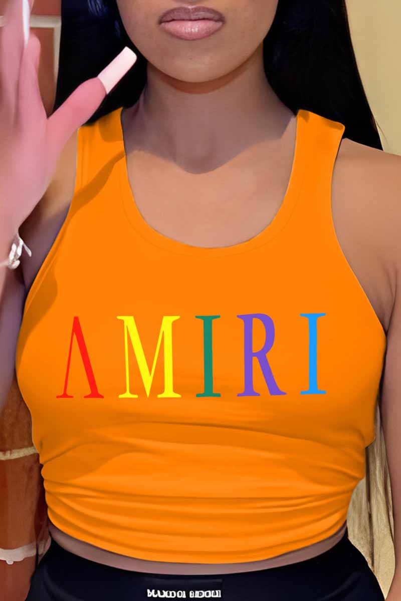 

Orange Casual Print Letter U Neck Tops