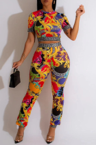 Yellow Sexy Print Patchwork O Neck Short Sleeve Two Pieces Crop Tops And Pants Sets