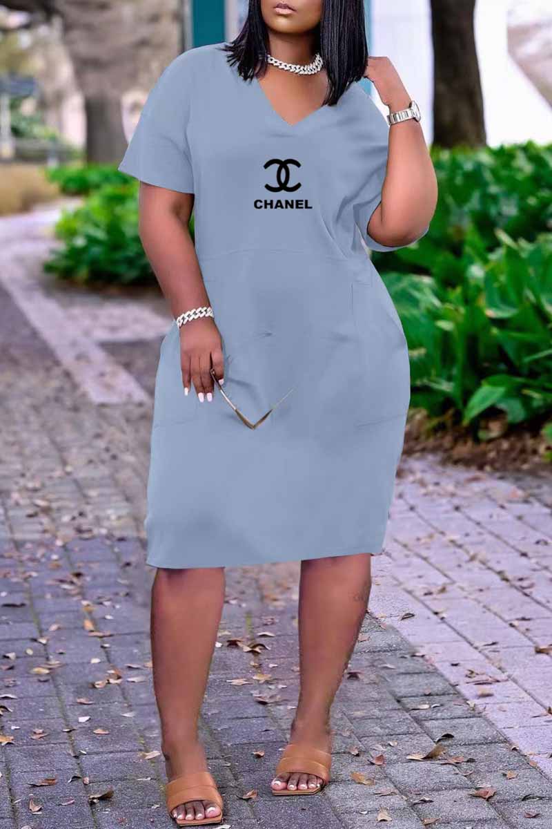 

Light Blue Casual Print Letter V Neck A Line Dresses