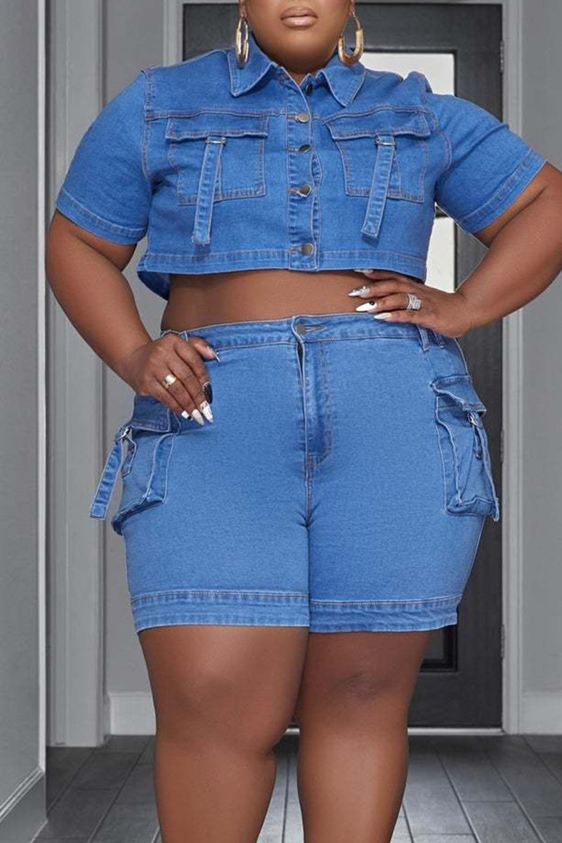 

Blue Casual Solid Patchwork Buckle Turndown Collar Plus Size Two Pieces
