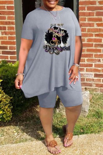 Grey Casual Print Basic O Neck Plus Size Two Pieces