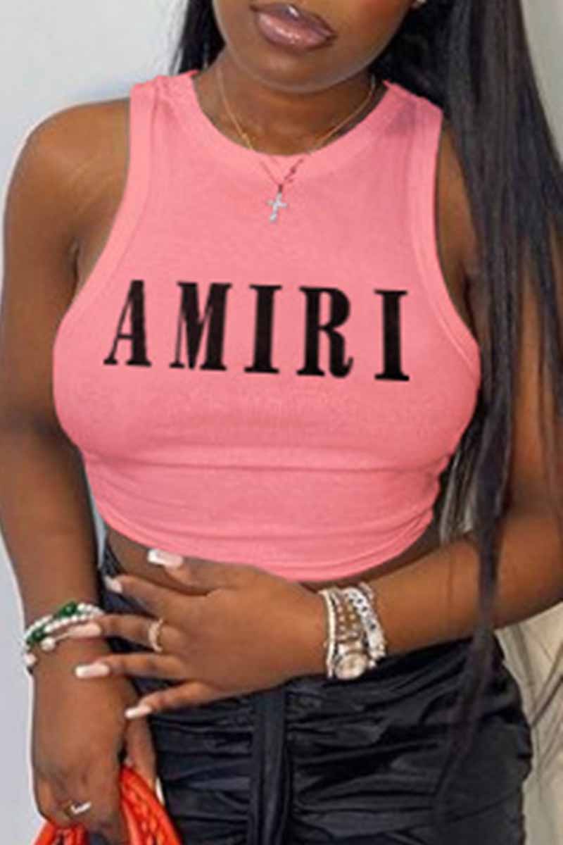 

Pink Sexy Print Letter O Neck Tops