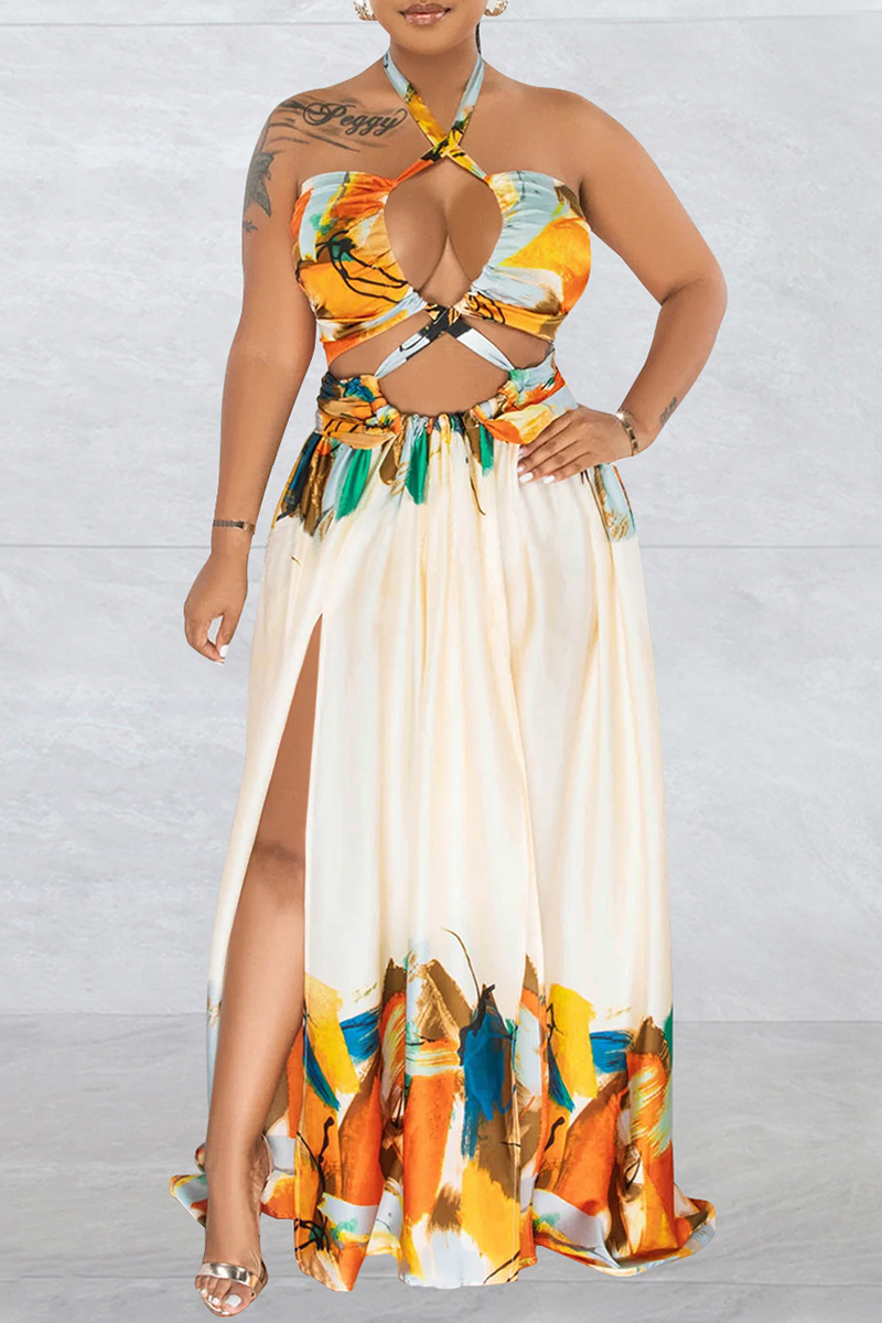 

Cream White Sexy Print Bandage Backless Slit Halter Long Dress Dresses