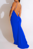 Blå sexiga solid rygglös V-hals långa klänningar