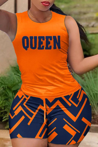 Orange Casual Print Patchwork O Neck Sleeveless Two Pieces