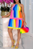 カラー セクシー プリント パッチワーク スパゲッティ ストラップ ケーキ スカート ドレス