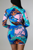Robes de jupe crayon à col en V imprimé patchwork bleu sexy