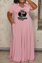 Vestido rosa casual estampado básico com decote em O e manga curta vestidos tamanho grande