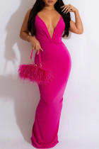 Розовое красное сексуальное однотонное длинное платье с открытой спиной и V-образным вырезом Платья