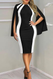 Black White Elegant Print Patchwork V Neck One Step Skirt Dresses
