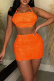 Naranja sexy sólido sin espalda halter sin mangas dos piezas