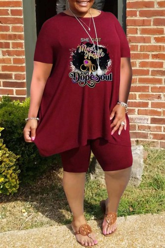 Burgundy Casual Print Basic O Neck Plus Size Two Pieces