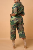 Army Green Casual Street Print Camouflage Print Patchwork Pocket Zipper Turndown Collar Straight Jumpsuits