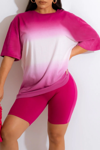 Rose Red Casual Gradual Change Patchwork O Neck Short Sleeve Two Pieces