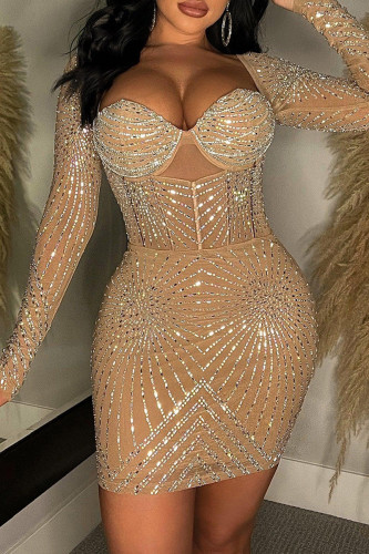 Apricot Sexy Patchwork Hot Drilling See-through V Neck Long Sleeve Dresses